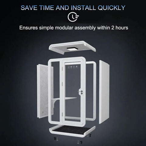 Mobile Office Pod Soundproof Work Booth Modular Privacy Cubicle Ultimate Quiet Refuge For Daily Grind showing parts for quick assembly.