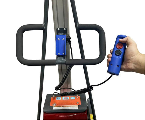 Close-up view of Heavy Duty Electric Work Positioner Truck With 330 Lbs Capacity And 59 Inch Lift Height's control panel and handle