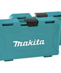 Makita 100-piece Impactx driver bit set case, teal plastic with white Makita logo, front view