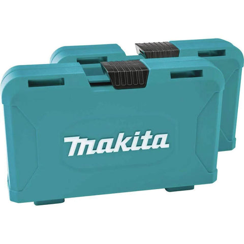 Makita 100-piece Impactx driver bit set case, teal plastic with white Makita logo, front view