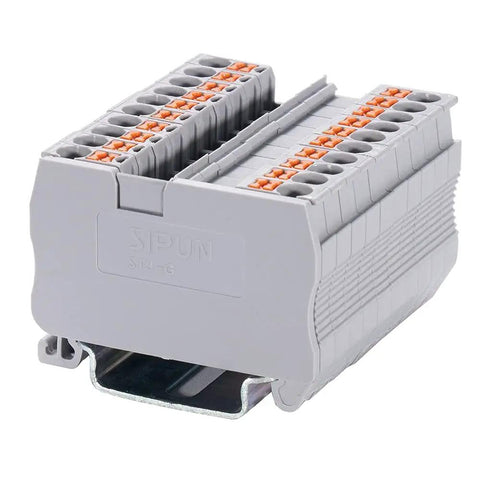 No Fuss Push In Din Rail Terminal Block Screwless 2.5mm PT Type With Cover End Stop Jumper 50 Pack, front view, PA66 housing