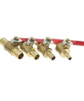 Heavy Duty Brass Ball Valve With Hose Barb Fitting Transitions 1/4 Inch To 12mm Tubing, multiple brass valves with red handles.