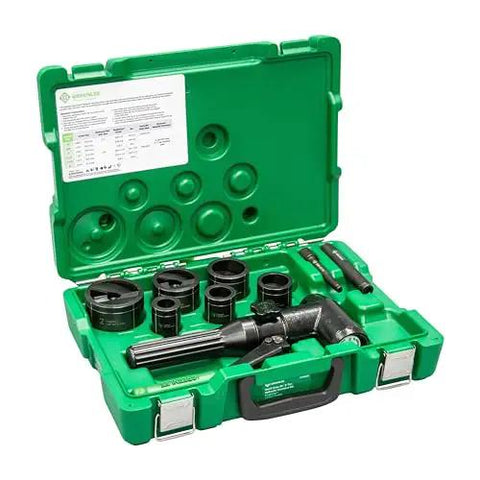 Heavy Duty Hydraulic Knockout Kit With Quick Draw Driver for 0.5 to 2 Inch Holes, includes Slug-Buster punches, dies, and studs in case