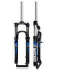 26 Inch Mountain Bike Suspension Fork With 100mm Travel Mechanical Lockout One And One Eighth Inch Straight Tube 9mm QR Disc And V Brake Compatible Dual Mount Lightweight Aluminum Black Blue, front and side view