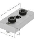 Top Shelf Self Centering Drill Jig For 1.5 X 3 T Slot Aluminum Extrusion with dowel pins and precise dimensions.