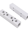 Two Four Way Six Port Aluminum Air Manifold Air Distribution Block One Quarter Inch NPT Output And One Half Inch NPT Supply Port
