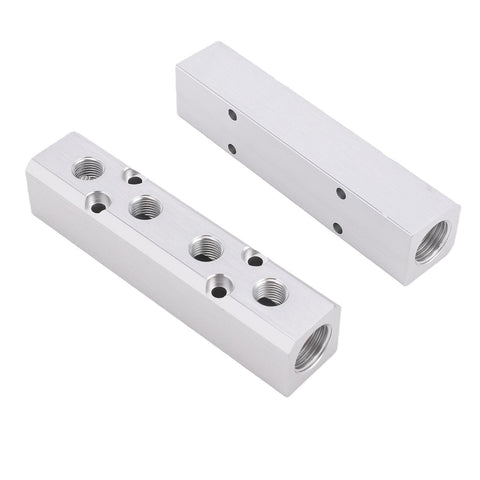 Two Four Way Six Port Aluminum Air Manifold Air Distribution Block One Quarter Inch NPT Output And One Half Inch NPT Supply Port