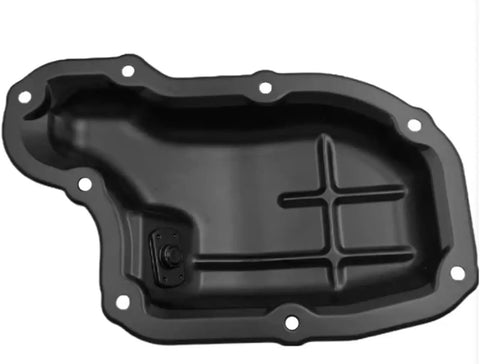 Premium Car Oil Drain Pan For Nissan Micra Iv And Micra Note Years 2010 To 2024 Transmission Fluid Sump Kit With Sealing Gasket To Keep Engine Smooth And Reliable black steel oil pan with gasket holes, top view
