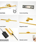 Diagram showing features of Wireless 26 Inch Picture Light with Rechargeable 8000mAh Battery, remote control, and metal gold finish