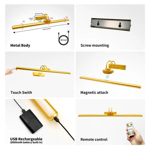 Diagram showing features of Wireless 26 Inch Picture Light with Rechargeable 8000mAh Battery, remote control, and metal gold finish