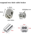 Components of 20Pcs Wire Rope Cable Clips For Hanging Pictures And Lights, hexagonal cable locker with dimensions and screw details