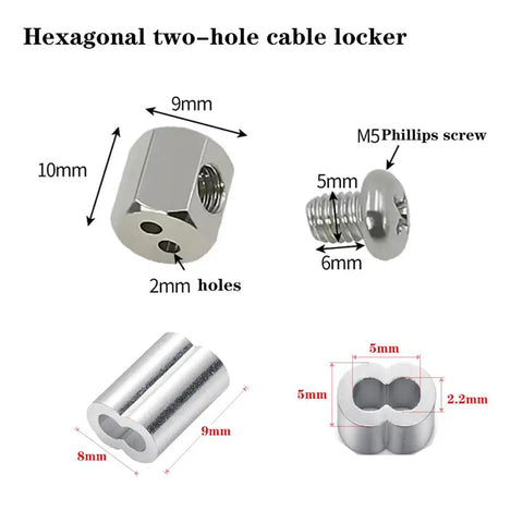 Components of 20Pcs Wire Rope Cable Clips For Hanging Pictures And Lights, hexagonal cable locker with dimensions and screw details