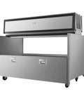 Rock Solid Double Sided Milk Cooler Built Tough For School Cafeterias Featuring Slick Sliding Doors And Premium Stainless Steel Construction, open view, showing interior.