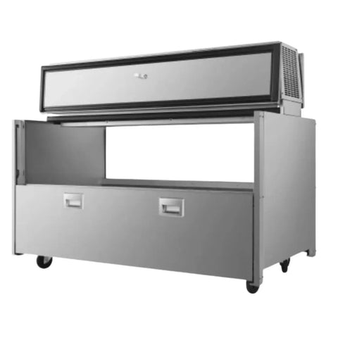 Rock Solid Double Sided Milk Cooler Built Tough For School Cafeterias Featuring Slick Sliding Doors And Premium Stainless Steel Construction, open view, showing interior.