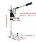 Universal Adjustable Bench Drill Stand Crafted With Slick Aluminum Alloy Plate For Rock Solid Hand Drill Clamping And Hella Smooth Workshop Precision Operation with dimensions and handle.