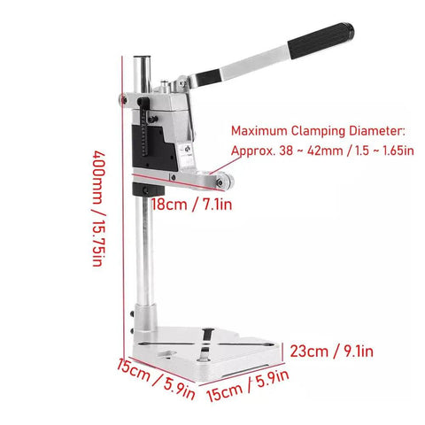 Universal Adjustable Bench Drill Stand Crafted With Slick Aluminum Alloy Plate For Rock Solid Hand Drill Clamping And Hella Smooth Workshop Precision Operation with dimensions and handle.