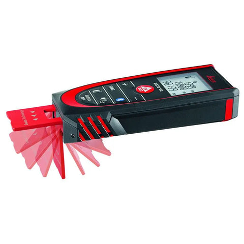 D2 Pro Grade Laser Distance Meter With 100m Range And Bluetooth Four Point Zero Metric And Imperial Modes Flip Out End Piece Pythagorean Functions Sketch Measure For Areas And Volumes Black And Red handheld laser meter with flip-out end piece