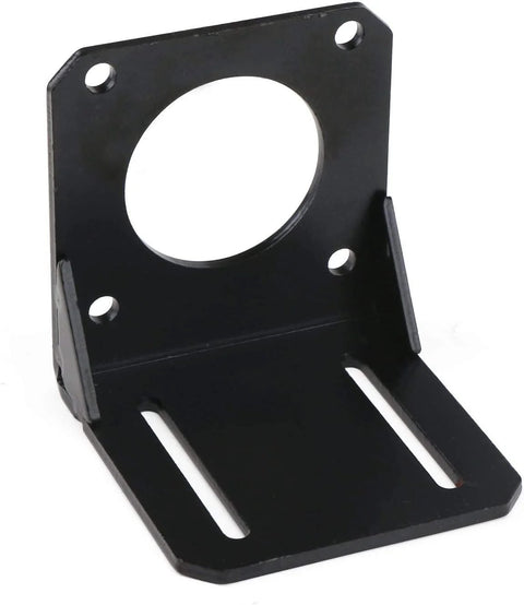 NEMA 34 stepper motor mounting bracket, 86 mm, steel, black, with circular motor mounting hole and slotted base.