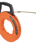 Klein Tools 56380 Non-Conductive Electrical Fish Tape With Multi-Groove Fiberglass Wire Puller in orange, 100Ft, with steel leader for smooth feeding.
