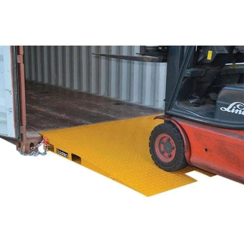 Heavy Duty Steel Shipping Container Ramp For Trucks And Forklifts 16000 Pound Diamond Plate Bridge attached to a forklift.