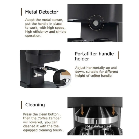 Professional 48mm Stainless Steel Coffee Tamper With Height Adjustable Stand And Pressure Gauge showing metal detector and portafilter holder.