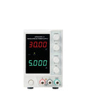Rock Solid Linear DC Power Supply With Low Ripple For Clean Pure DC Output To Electrical Gear Includes Overvoltage Overcurrent Short Circuit And Overheat Protection Ventilated Case With Heat Dissipation Holes For Reliable Load Power. white benchtop unit with digital display and knobs