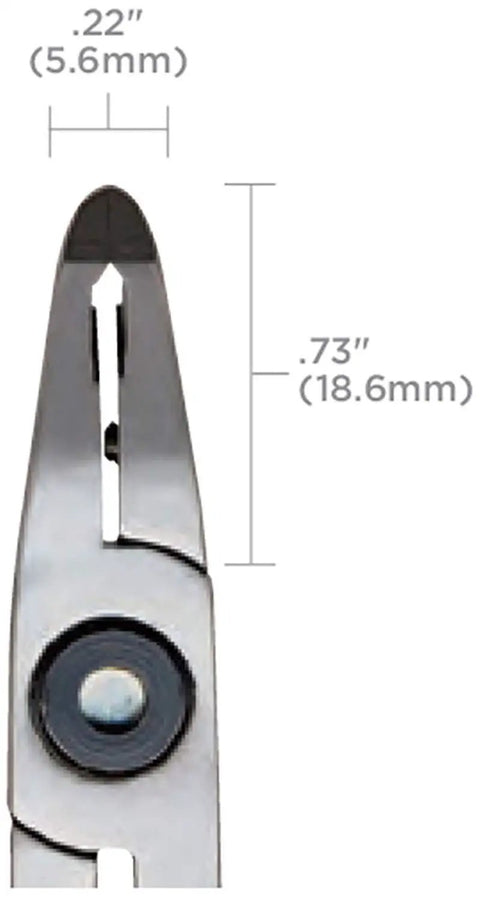 Close-up of Angulated 50 Degree Head Flush Cutters with measurement details, made in USA from high-grade alloy steel