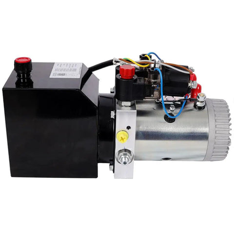 Greron 12V DC Double Acting Hydraulic Power Unit, 3HP Motor With 2950 PSI Rating, includes steel oil reservoir.