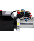 Top Tier Yaton 12V DC Double Acting Hydraulic Power Unit With 3 Quart Steel Reservoir And 3HP Pump, side view with steel tank and wiring.