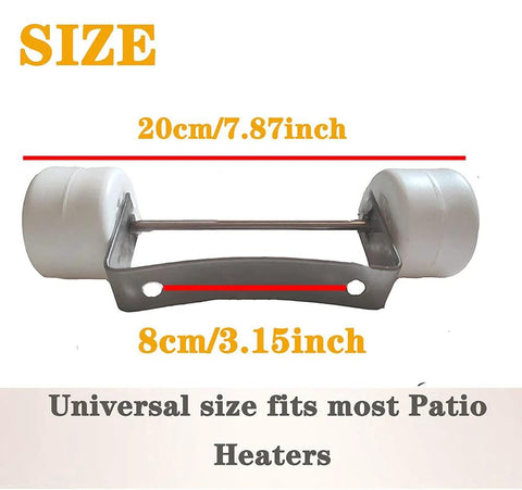 Side view of stainless steel patio heater wheel set with white wheels and mounting bracket; universal size.