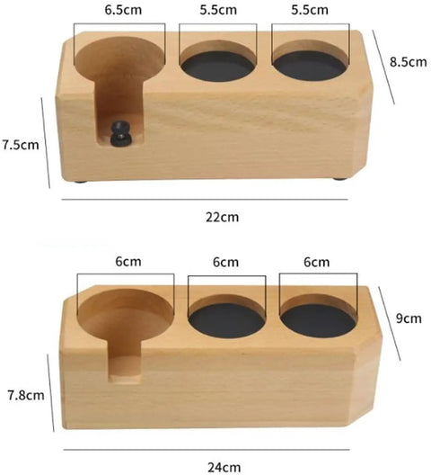 Sturdy Wood Espresso Tamper Holder And Coffee Grind Catch Tray With Non Slip Grip, Barista Core Station Substitute Knock Box, Keeps Your Counter Dead Clean For Dope Daily Brew Sessions, showing robust design and measurements.
