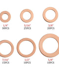 110 Piece Copper Sealing Washer Set, Six Sizes, Flat Gasket Oil Seals For Plumbing And Automotive, displayed in size order
