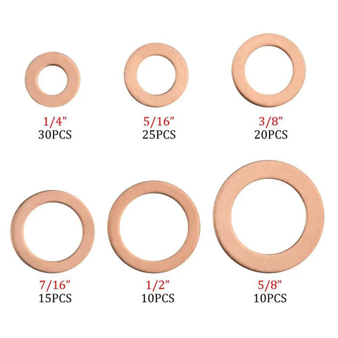110 Piece Copper Sealing Washer Set, Six Sizes, Flat Gasket Oil Seals For Plumbing And Automotive, displayed in size order