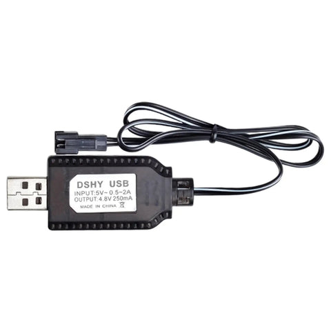 USB Battery Charger 4.8V For RC Cars With Indicator Light, black USB charging cable with input-output specifications visible