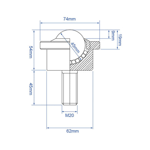 Technical diagram of Beefed Up Heavy Duty Roller Ball Transfer Bearing Caster with M20 screw, bearing steel and carbon steel materials.