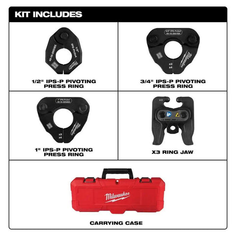 Half To One Inch IPS-P Pivoting Press Ring Kit For M12 Force Logic Press Tool with rings, jaw, and carrying case