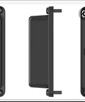 Top Shelf Trailer Gps Tracker With Live Phone Sync No Monthly Fees And Extended Three Year Battery Life For Locking Down Your Gear While You Roll On Any Backroad, black casing, side and front views.