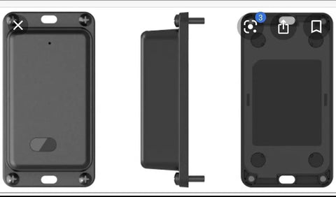 Top Shelf Trailer Gps Tracker With Live Phone Sync No Monthly Fees And Extended Three Year Battery Life For Locking Down Your Gear While You Roll On Any Backroad, black casing, side and front views.