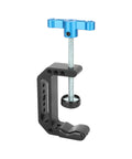 Aluminum C Clamp With 1/4 Inch And 3/8 Inch Mounting Points Blue T Handle Beefy Heavy Duty Desk Cart Bench Post Clamp Jaw Opens 3mm To 65mm Rock Solid Rigging For Studio Cameras Woodworking And DIY Projects on black aluminum clamp with blue T-handle