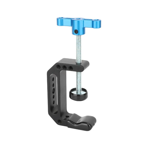 Aluminum C Clamp With 1/4 Inch And 3/8 Inch Mounting Points Blue T Handle Beefy Heavy Duty Desk Cart Bench Post Clamp Jaw Opens 3mm To 65mm Rock Solid Rigging For Studio Cameras Woodworking And DIY Projects on black aluminum clamp with blue T-handle