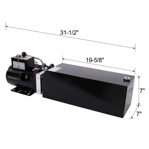 Heavy-Duty Hydraulic Power Unit Pump for Auto Car Lifts, 14 Quart Oil Reservoir, solid steel, dimensions 31.5x19.625x7 inches.