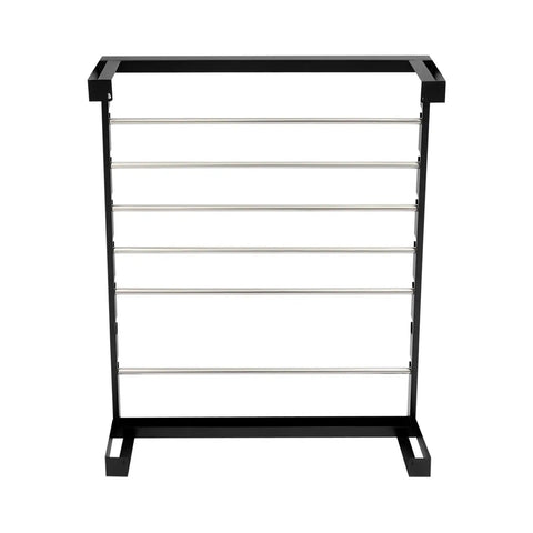 Six Rod Wall Mounted Wire Spool Rack With Adjustable Spacing Built Badass Tough For Garage Or Shop showing black powder coated steel frame.