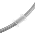 Close-up of 15.75 Inch Stainless Steel Braided Hydraulic Motorcycle Brake Line for ATV Motocross and Sport Bikes, silver tone.