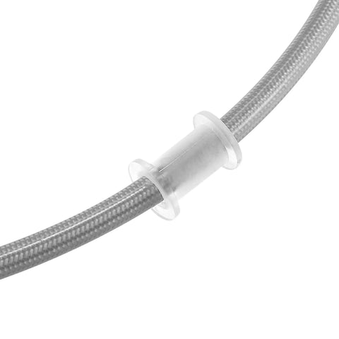 Close-up of 15.75 Inch Stainless Steel Braided Hydraulic Motorcycle Brake Line for ATV Motocross and Sport Bikes, silver tone.