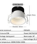saditesdk 3.3 Inch Led Recessed Lighting, Cri95 Anti-Glare Led Downlight with aluminum body, diameter 85mm, height 75mm.