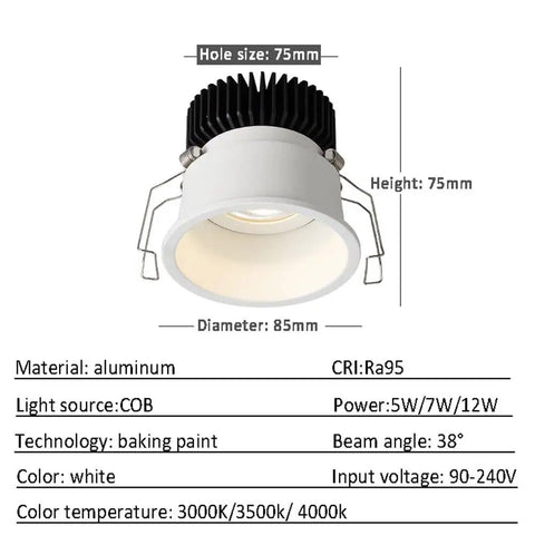 saditesdk 3.3 Inch Led Recessed Lighting, Cri95 Anti-Glare Led Downlight with aluminum body, diameter 85mm, height 75mm.