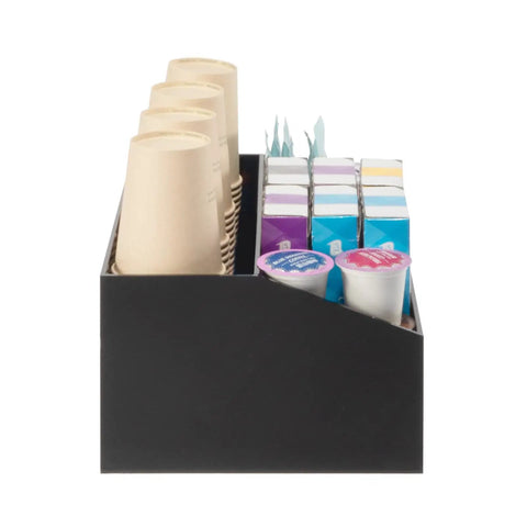 Side view of Acrylic Coffee Station Organizer for Countertops and Coffee Bars with 4 Compartments for Coffee Pods, Black Finish