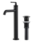 Ramus One Handle Vessel Sink Bathroom Faucet With Pop Up Drain Dope Matte Black Finish Lead Free Solid Brass Construction And Ceramic Cartridge For Leak Free Performance. Matte black faucet and pop-up drain set tall view.