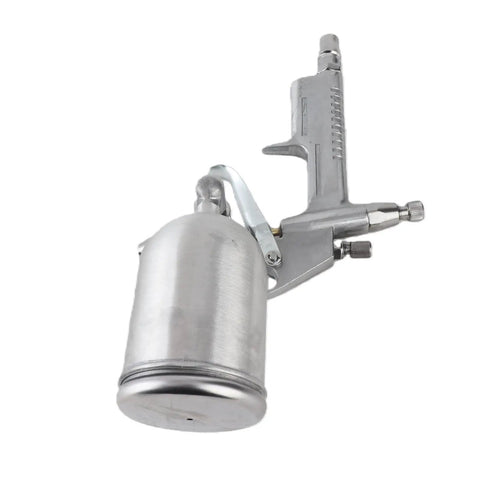 Top Notch Mini Pneumatic Spray Gun Featuring A Butter Smooth 0.5mm Nozzle Effortless Fine Mist Atomization For Auto Detailing Craft Projects Lightweight Handheld Design Makes Painting A Breeze, silver spray gun with a cylindrical cup.