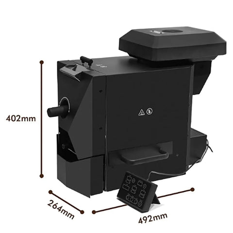 Automatic Electric Air Coffee Bean Roaster With Three Roasting Programs And Nine Professional Baking Curves, black unit with control panel.